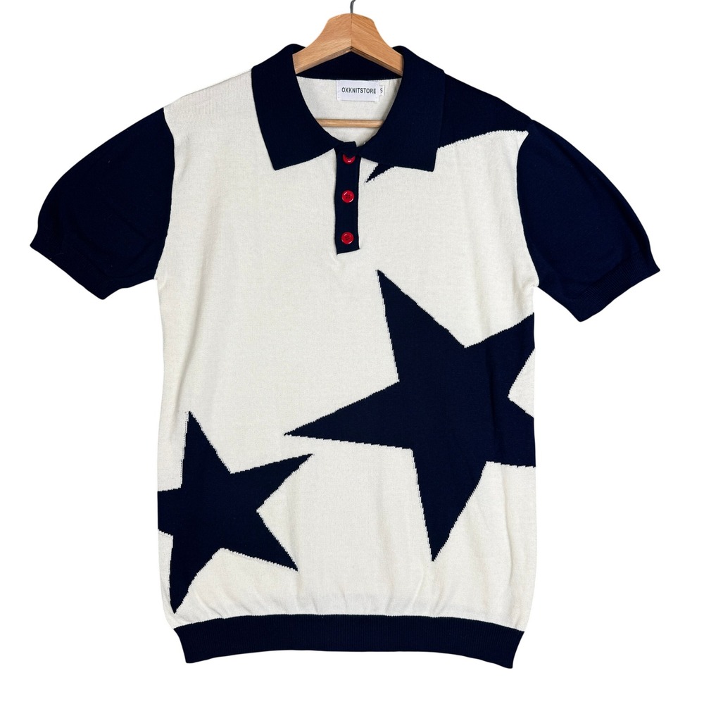 OXKNITSTORE Knit Polo Sweater Shirt White Stars Short Sleeve Cotton Men Size S